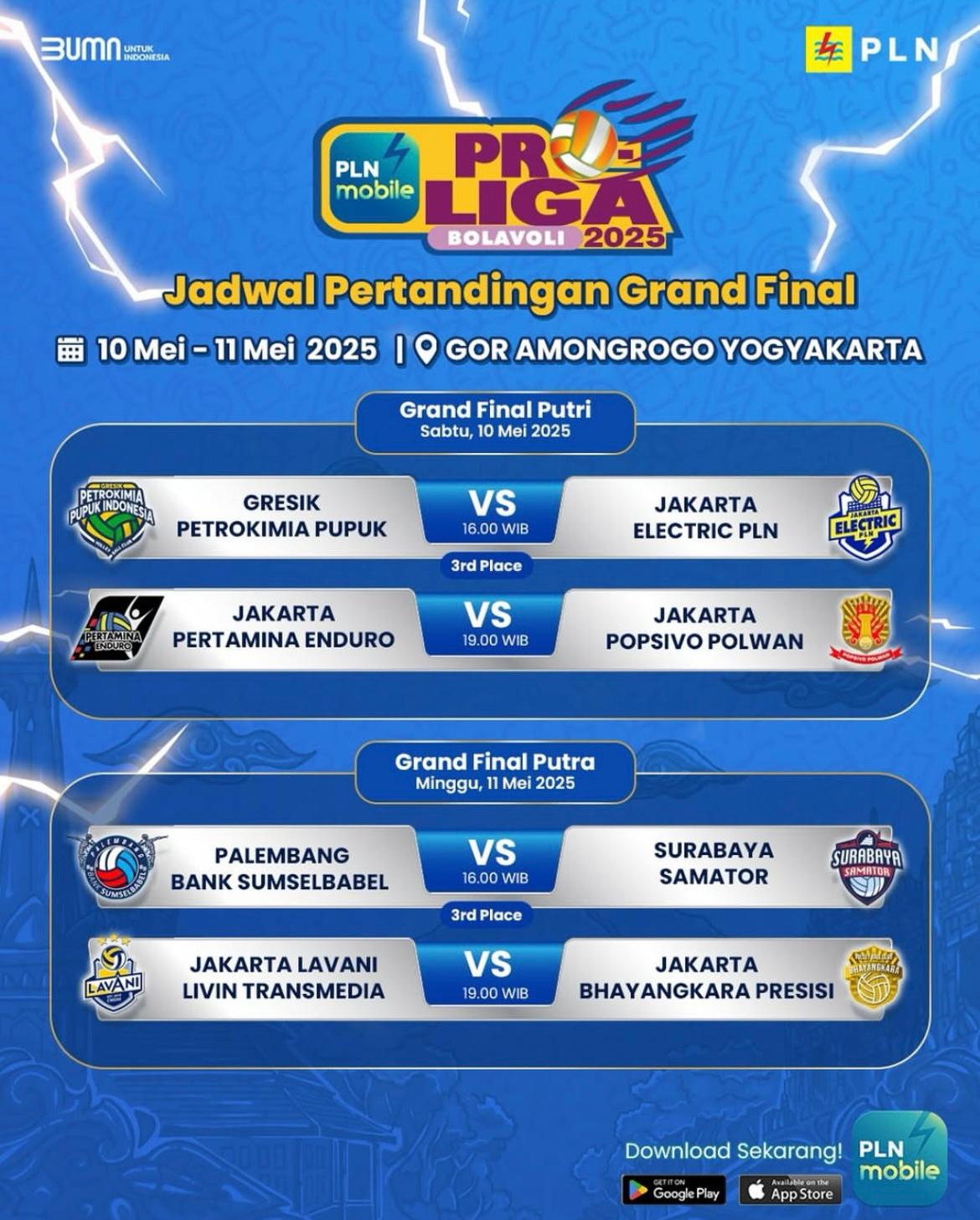 Jadwal pertandingan Grand Final PLN Mobile Proliga 2025 yang akan digelar pada Sabtu (10/5) dan Minggu (11/5) di GOR Amongrogo, Yogyakarta